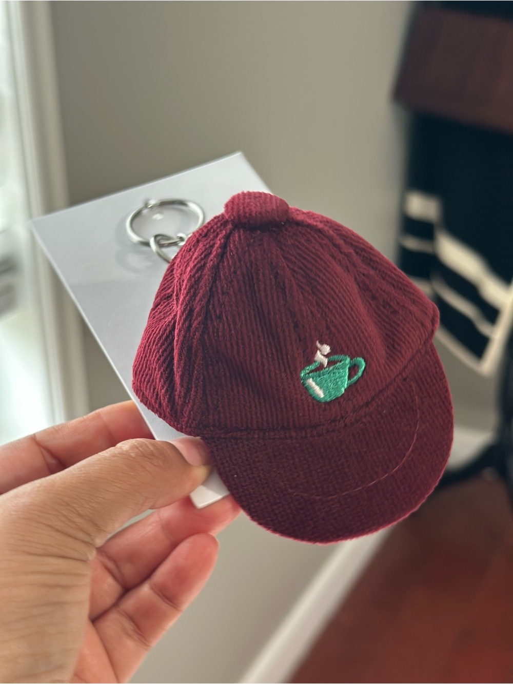Mini Burgundy Corduroy Baseball Cap Keychain with Green Coffee Cup Embroidery